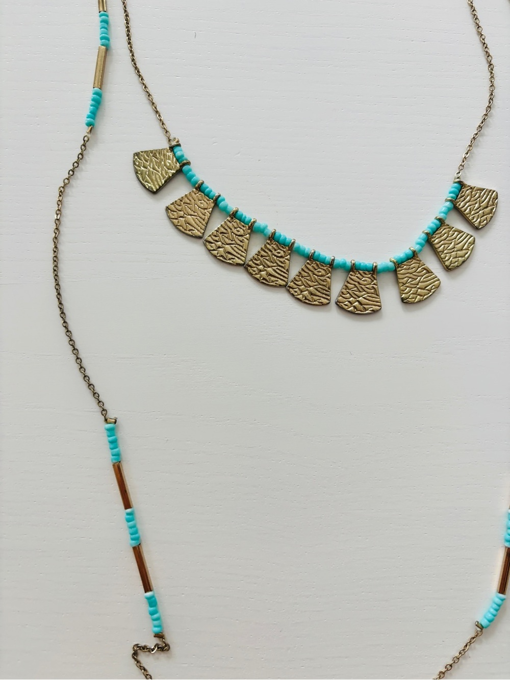 Bronze Tone Pendant Necklace with Turquoise Beads - Women Jewelry